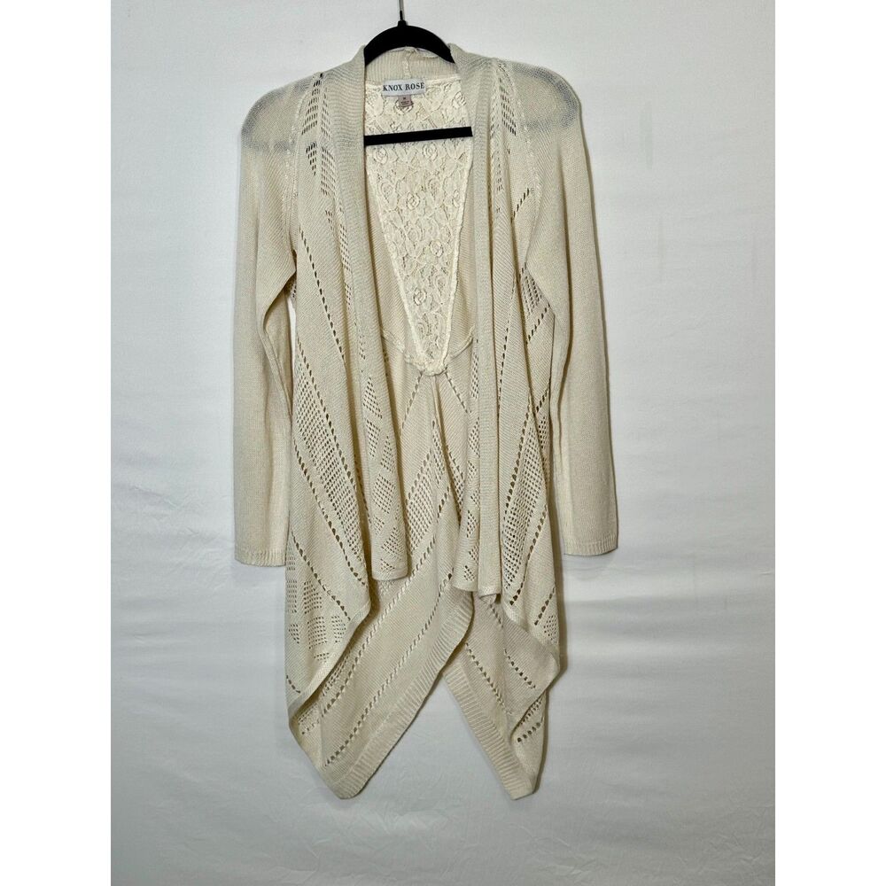 Knox Rose BOHO Open Front Cardigan Sweater Waterfall Lace Insert Size M Cream